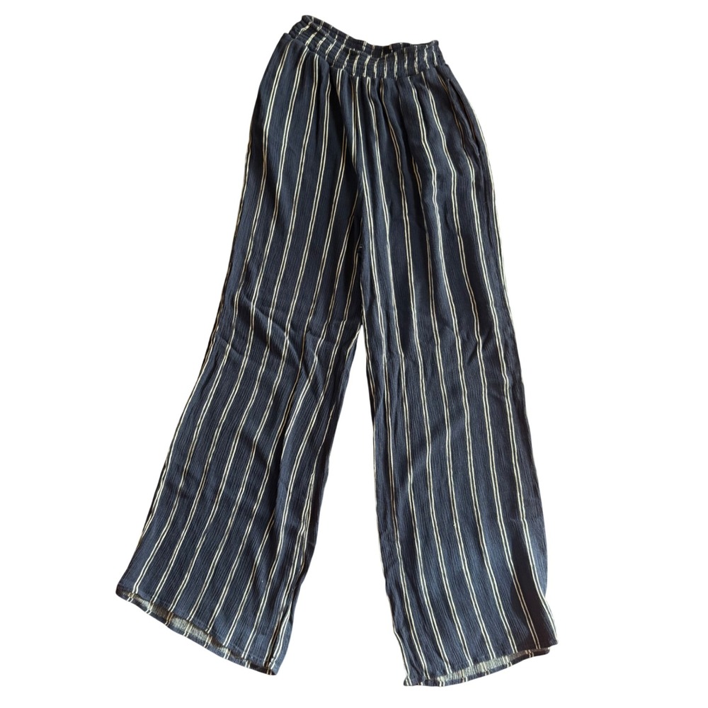 Forever 21 Wide Leg Pants Womens Small Navy Blue White Striped Smocked Waist